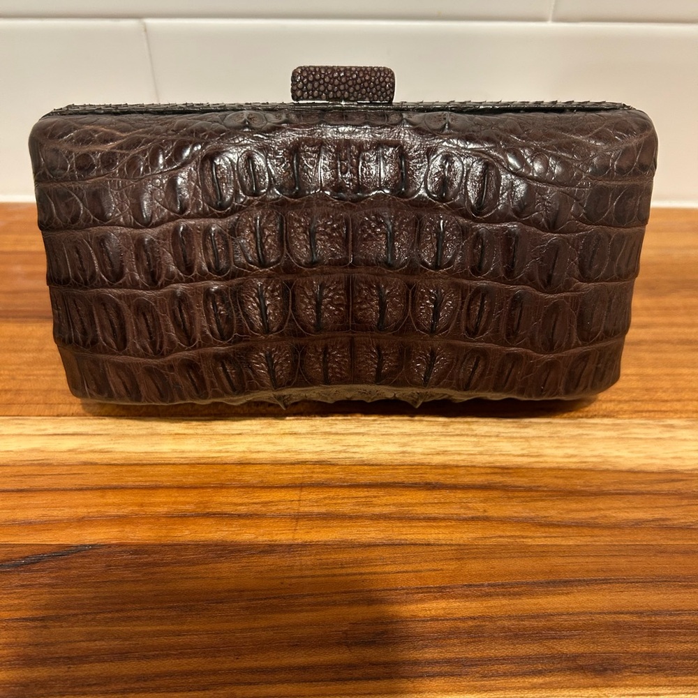 Brown croc, cowhide, leather clutch ￼